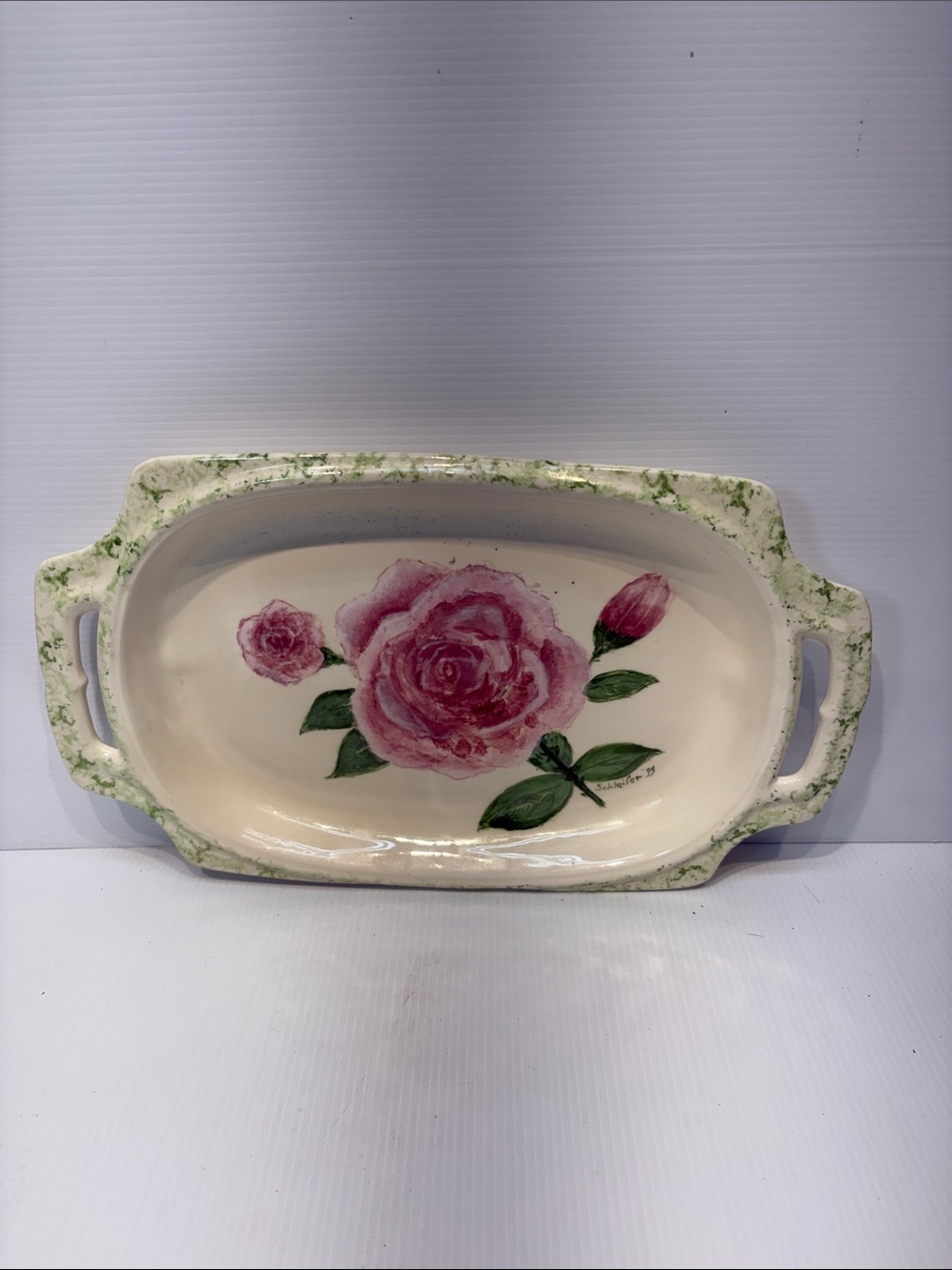 Custom Hand-Painted Ceramic Serving Platter with Pink Rose and Carrying Handles